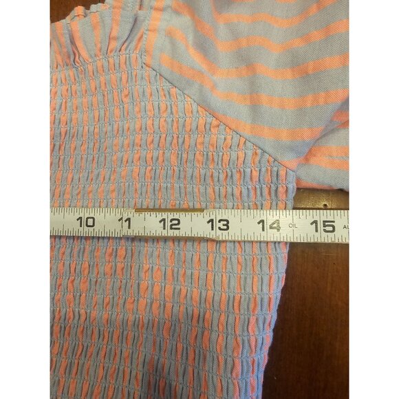 Draper James Pinstripe Fit & Flare Dress Puff Sleeve Ruffle Hem Blue & Pink Knee - Picture 8 of 12